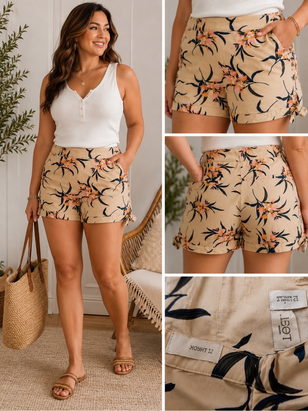 LOF Beige Floral High-Waist Shorts